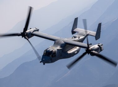 A U.S. Marine Corps MV-22 Osprey tiltrotor aircraft flying