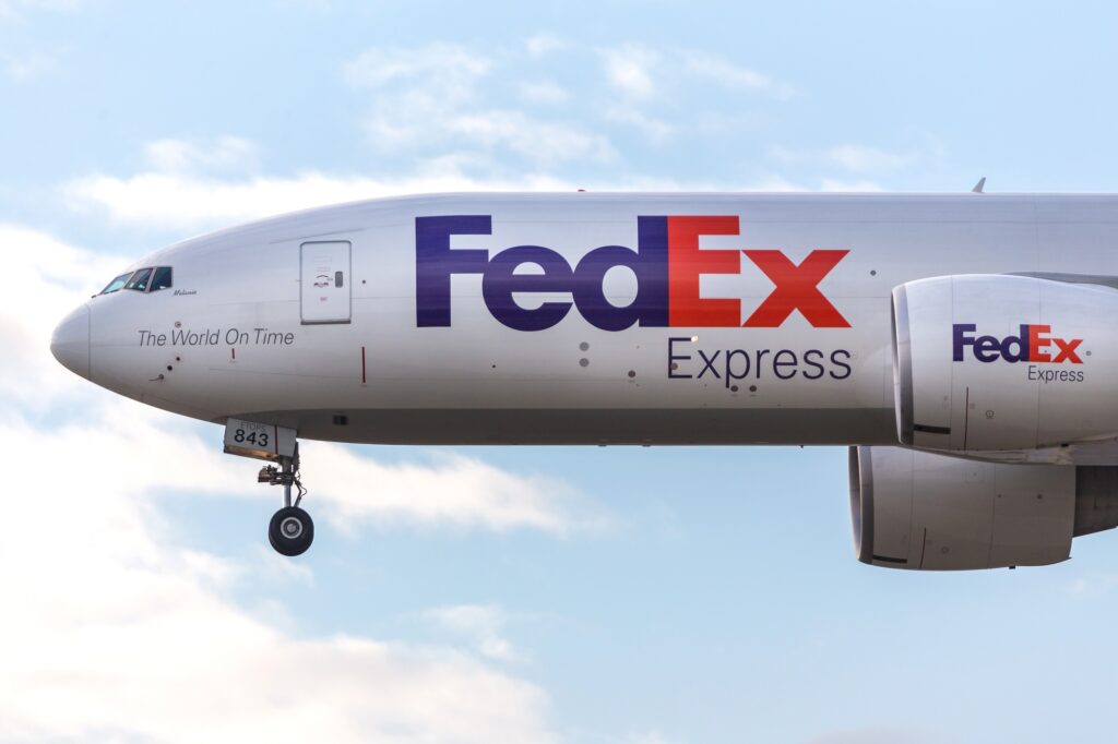 fed ex cargo airplane landing at frankfurt airport germany