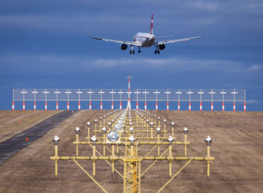 runway lights with landing airbus in vienna in austria